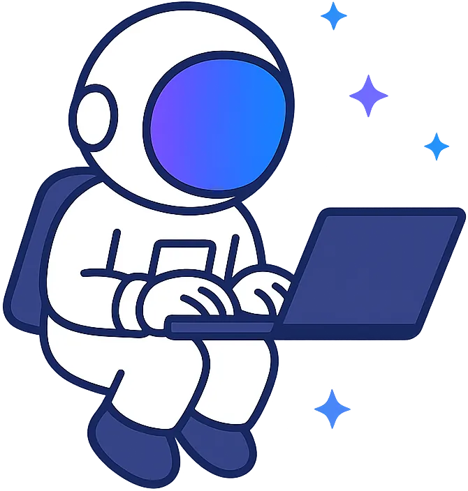 Astronaut working on a laptop while floating in space