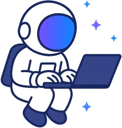 Illustration eines Astronauten, der im Weltall an einem Laptop arbeitet